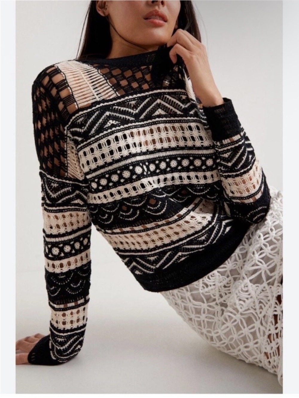 Desigual Women’s Crochet Pullover Sweater Top Blouse M Black White